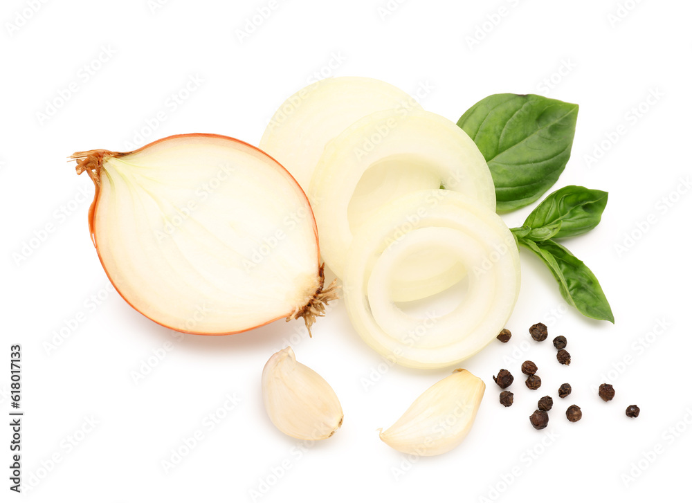 Fresh onion and spices on white background