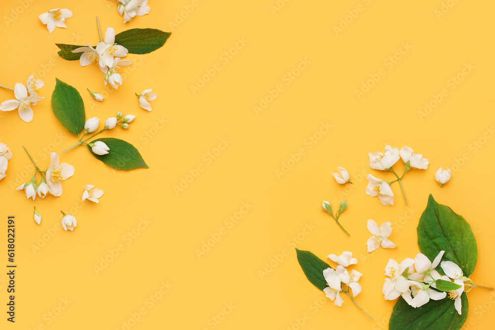 Composition with fresh jasmine flowers and leaves on color background