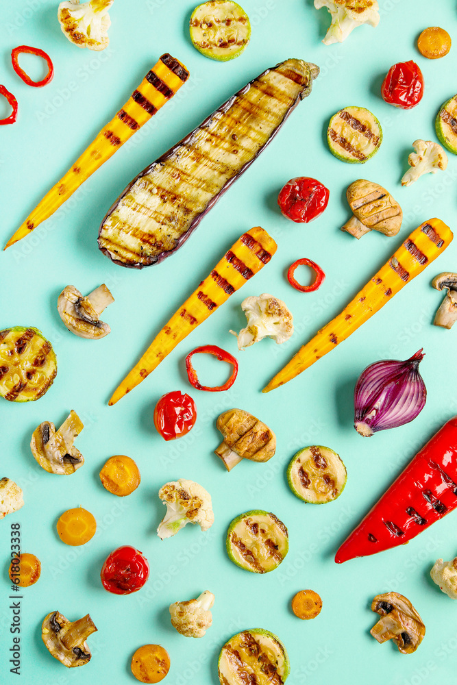 Grilled vegetables on blue background