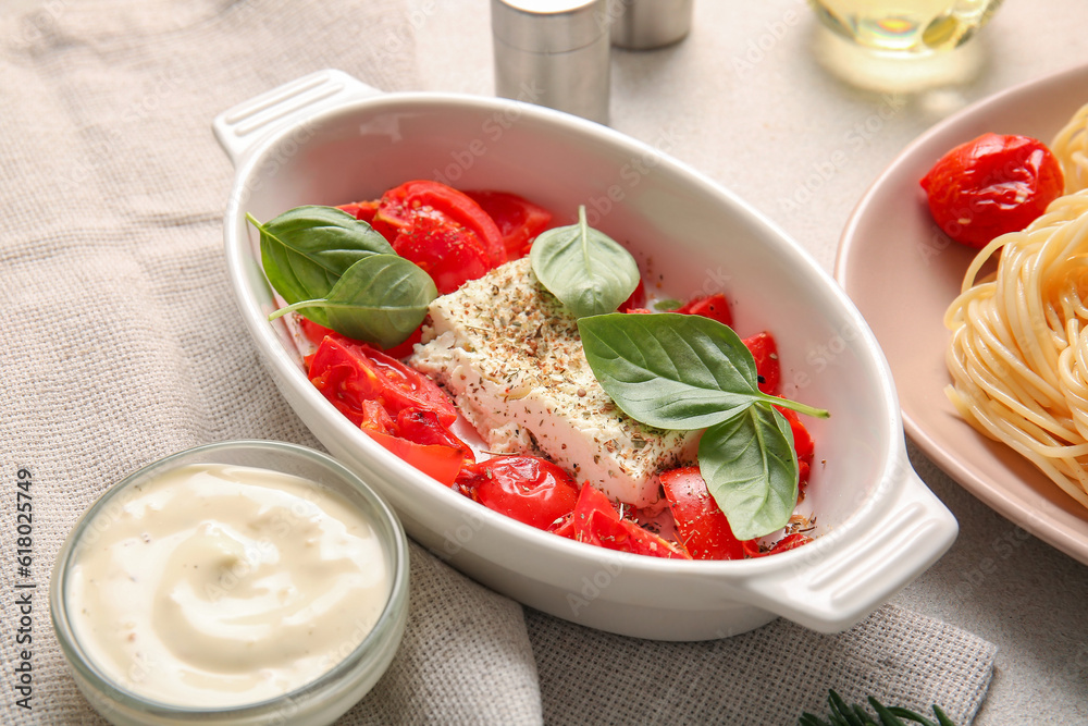 Baking dish with tasty tomatoes and feta cheese on light background