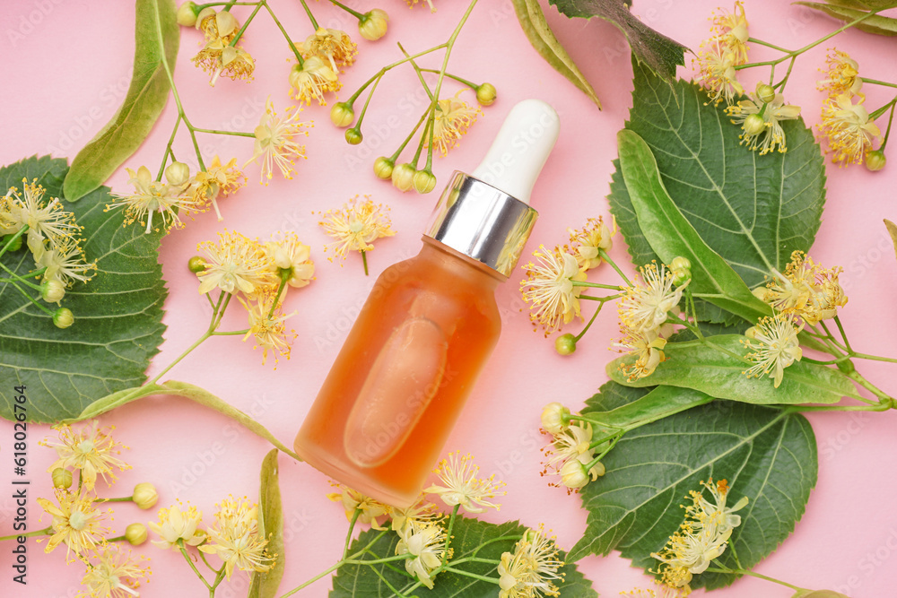 Bottle of essential oil and fresh linden flowers on pink background