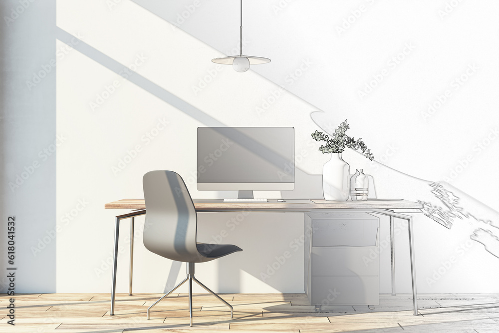 Sketch of modern home office interior with computer, furniture and other items. Concrete wall with s