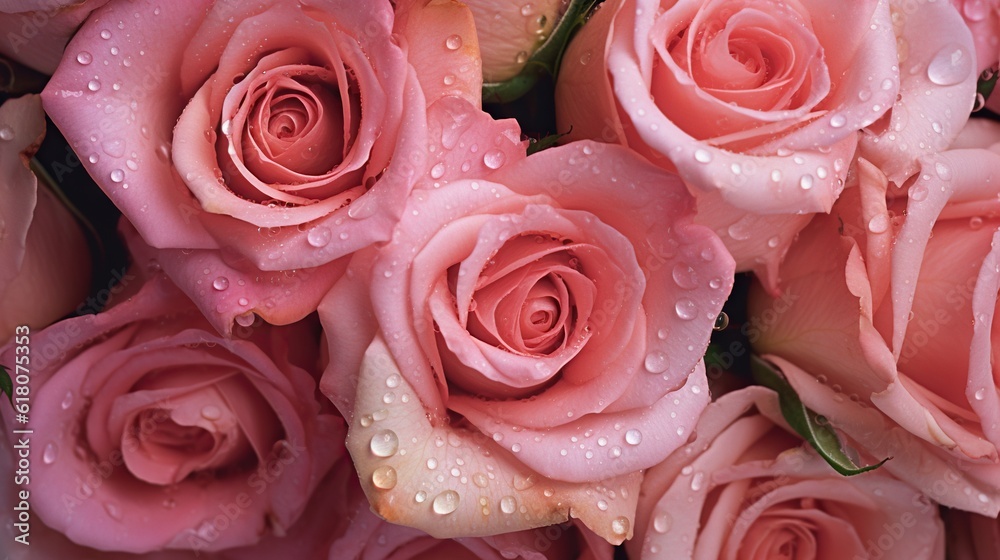 Pink Roses flowers with water drops background. Closeup of blossom with glistening droplets. Generat