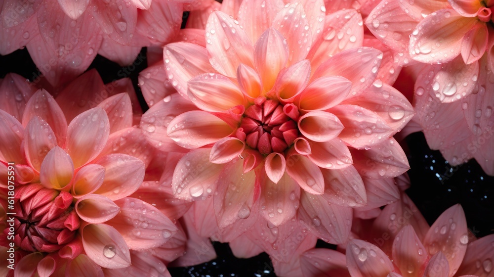 Pink Dahlia flowers with water drops background. Closeup of delicate blossom with glistening droplet