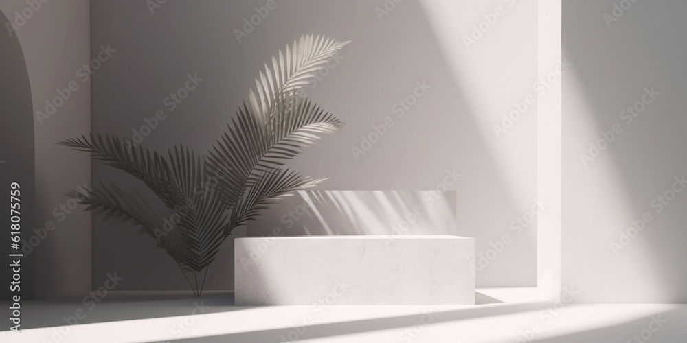 White product display podium with nature palm leaves. Generative AI