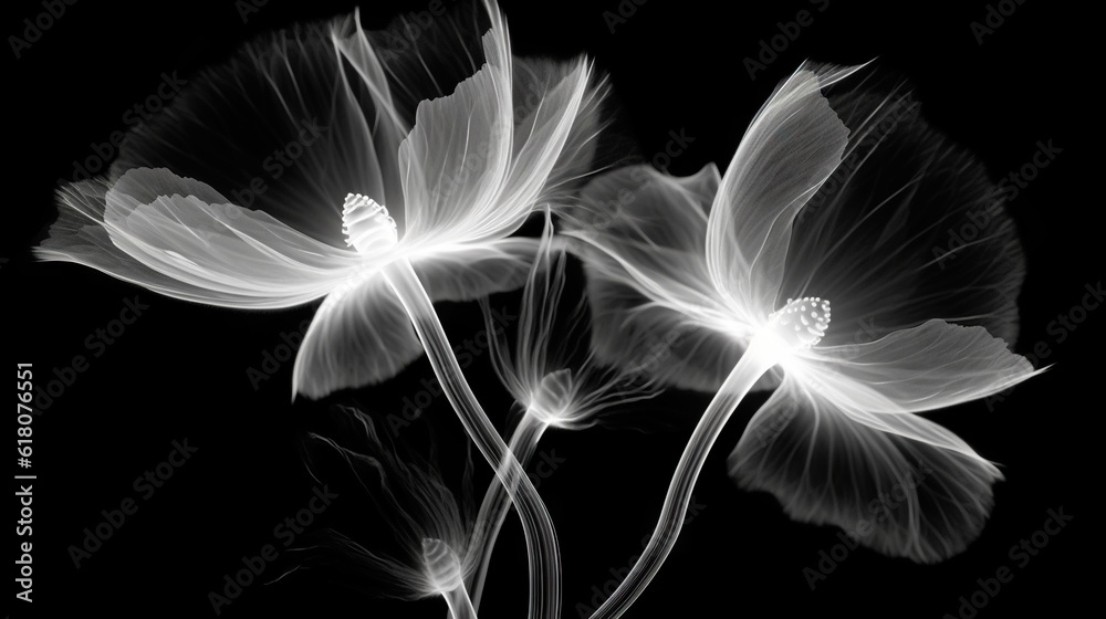 Monochrome x-ray image of a ethereal flower on black. Fantasy mystical blossom. Generative AI