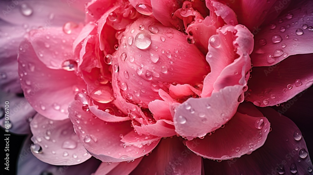 Pink Peony flowers with water drops background. Closeup of blossom with glistening droplets. Generat