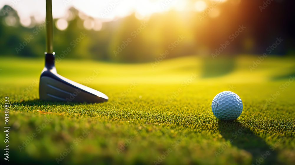 Golf club and golf ball on green grass background. Blurred backdrop. Outdoor sport on a sunny day. G