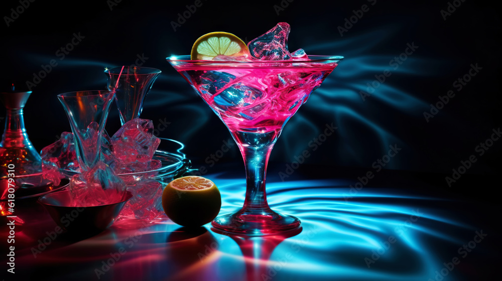 Glass of cocktail in hypnotic neon light. Colorful rave party drink. Generative AI