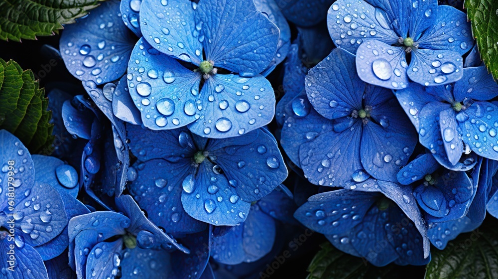 Blue Hydrangeas flowers with water drops background. Closeup of blossom with glistening droplets. Ge