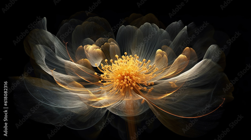 Golden x-ray image of a ethereal flower on black. Fantasy mystical blossom. Generative AI