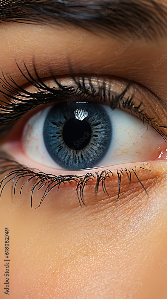 Close-up of a womans eye with dramatic lashes, black eyeline and professional makeup. Generative AI