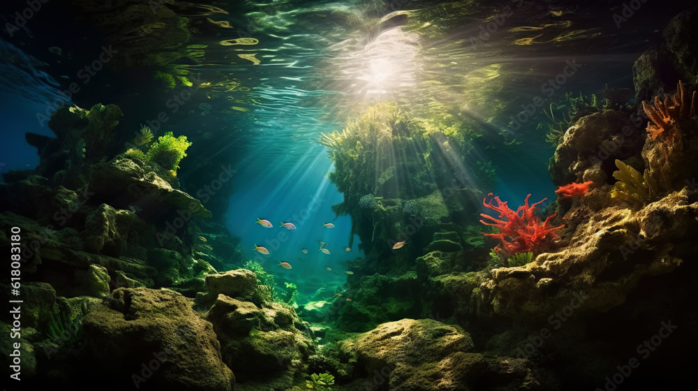 Underwater sunlight through the water surface seen from a rocky seabed with algae. Generative AI