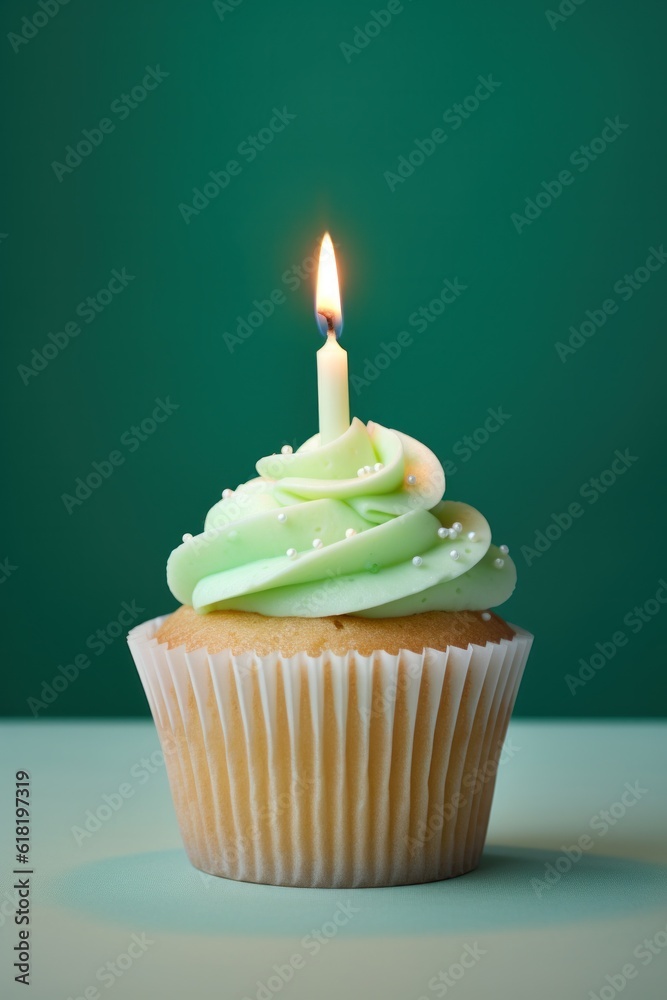 Green Birthday Cupcake. Illustration AI Generative.