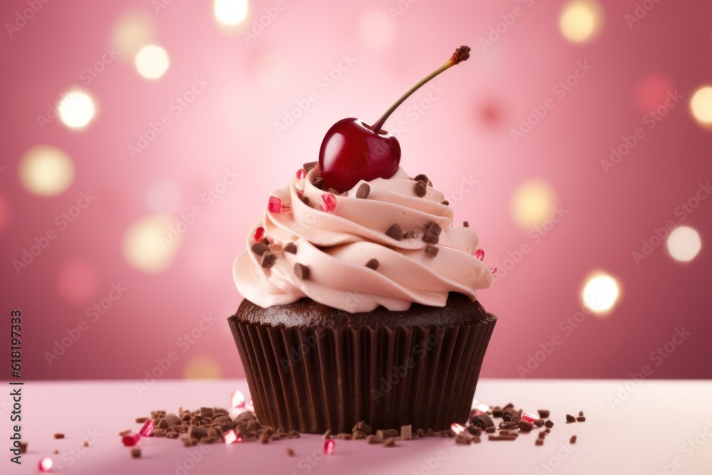 Cherry on chocolate cupcake with confetti on pink background Illustration AI Generative.