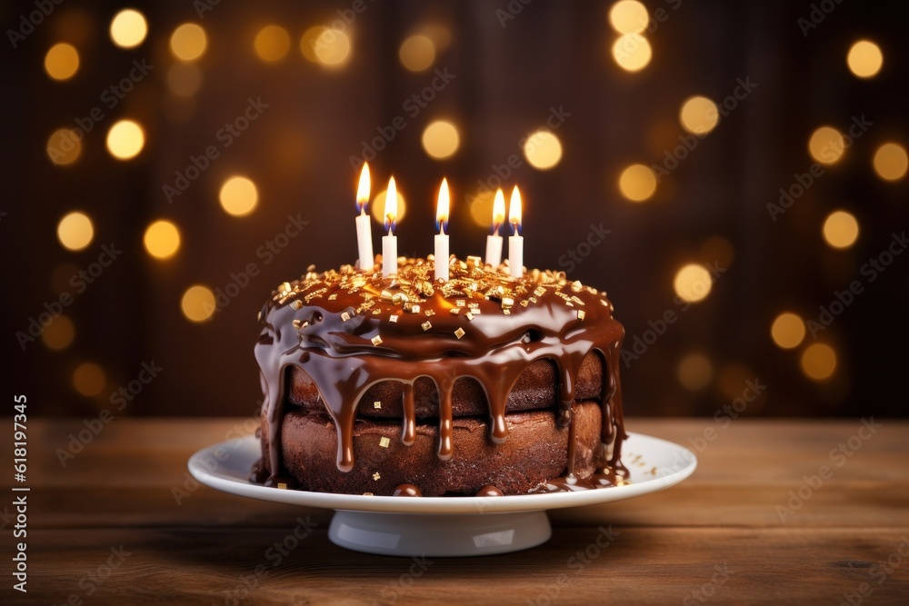 Birthday Chocolate Cake with Candles. Illustration AI Generative