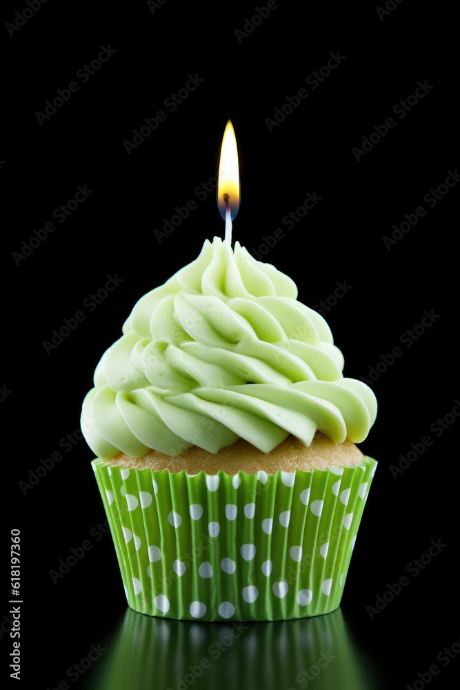 Green Birthday Cupcake. Illustration AI Generative.