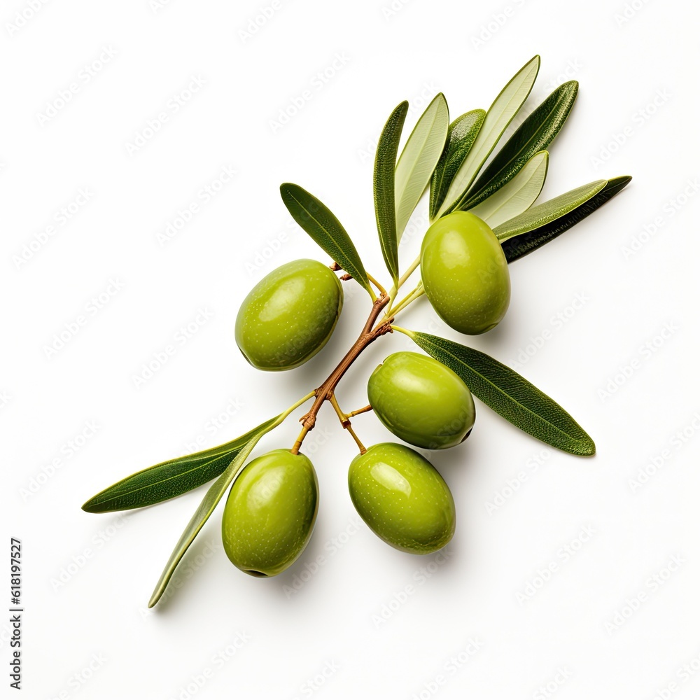 Olive twig with several green olives on it. Illustration AI Generative.