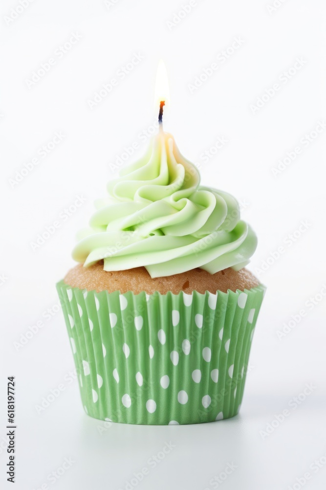 Green Birthday Cupcake. Illustration AI Generative.