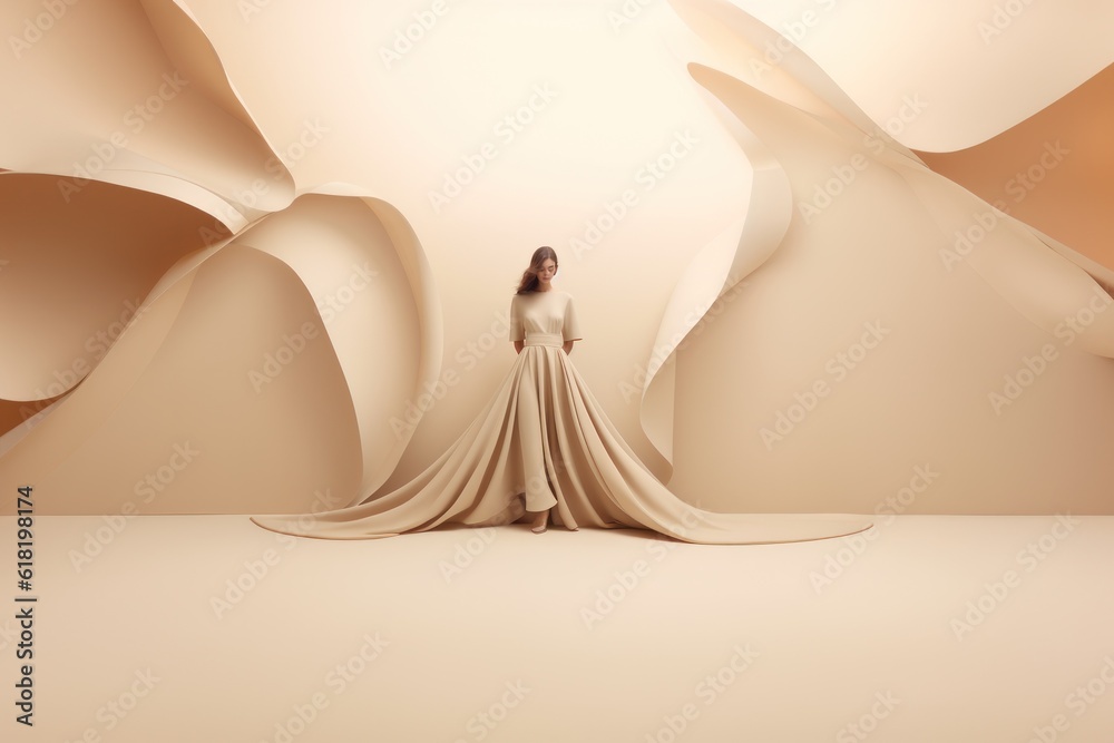 Fashion beige minimalist background with model girl. Illustration AI Generative.