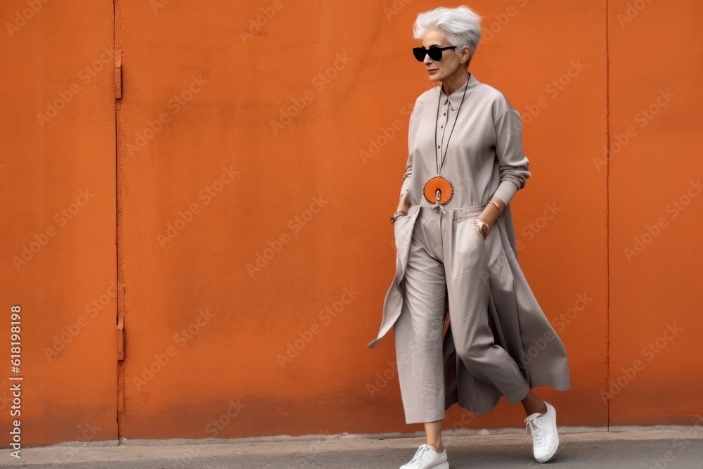 Fashion older woman walked.  Illustration AI Generative