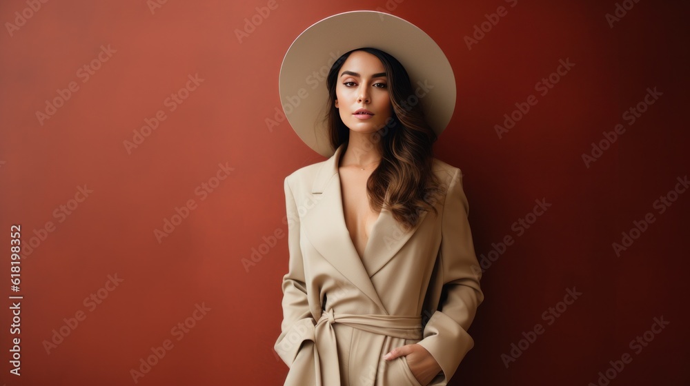 Fashion beige minimalist background with model girl. Illustration AI Generative.