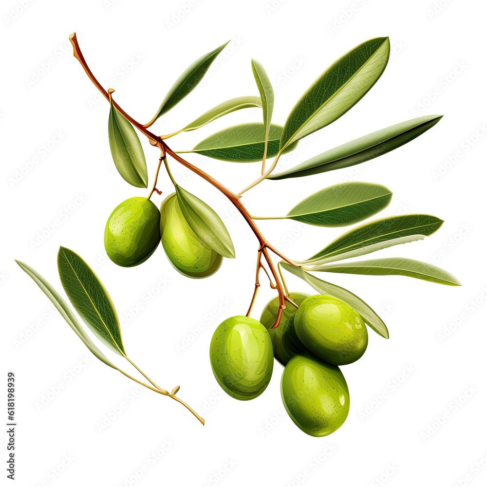 Olive twig with several green olives on it. Illustration AI Generative.