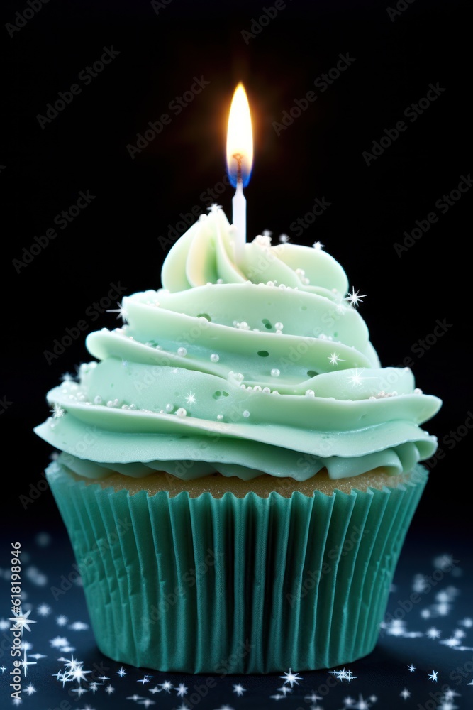 Green Birthday Cupcake. Illustration AI Generative.