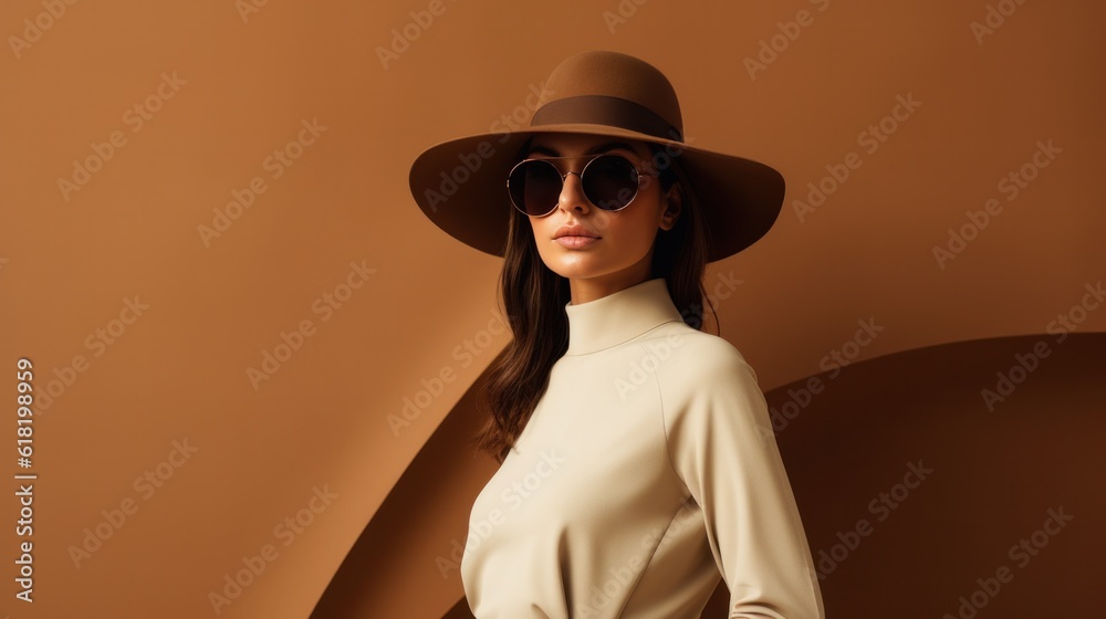 Fashion beige minimalist background with model girl. Illustration AI Generative.