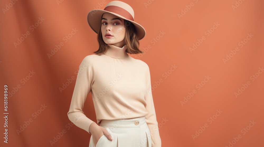 Fashion beige minimalist background with model girl. Illustration AI Generative.