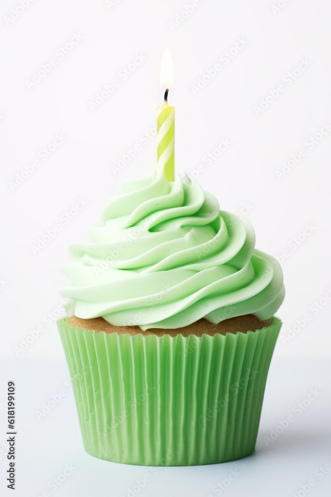 Green Birthday Cupcake. Illustration AI Generative.