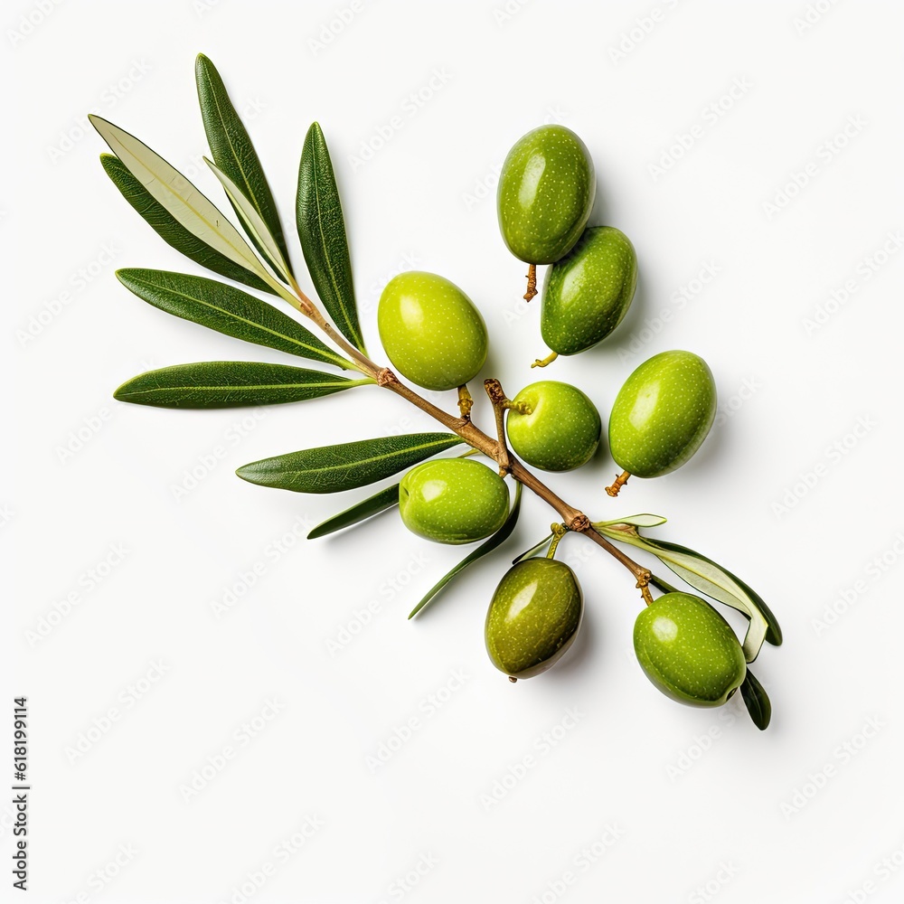 Olive twig with several green olives on it. Illustration AI Generative.