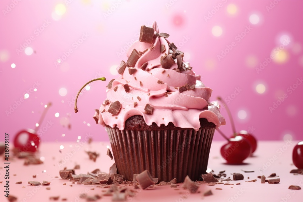 Cherry on chocolate cupcake with confetti on pink background Illustration AI Generative.