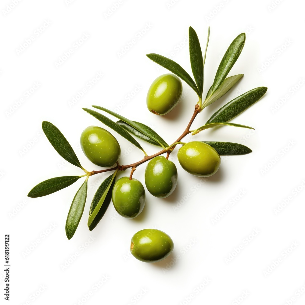 Olive twig with several green olives on it. Illustration AI Generative.