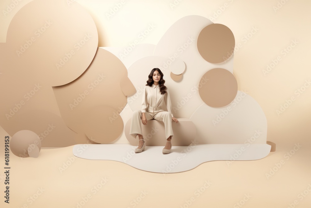 Fashion beige minimalist background with model girl. Illustration AI Generative.