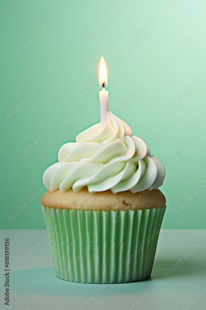 Green Birthday Cupcake. Illustration AI Generative.