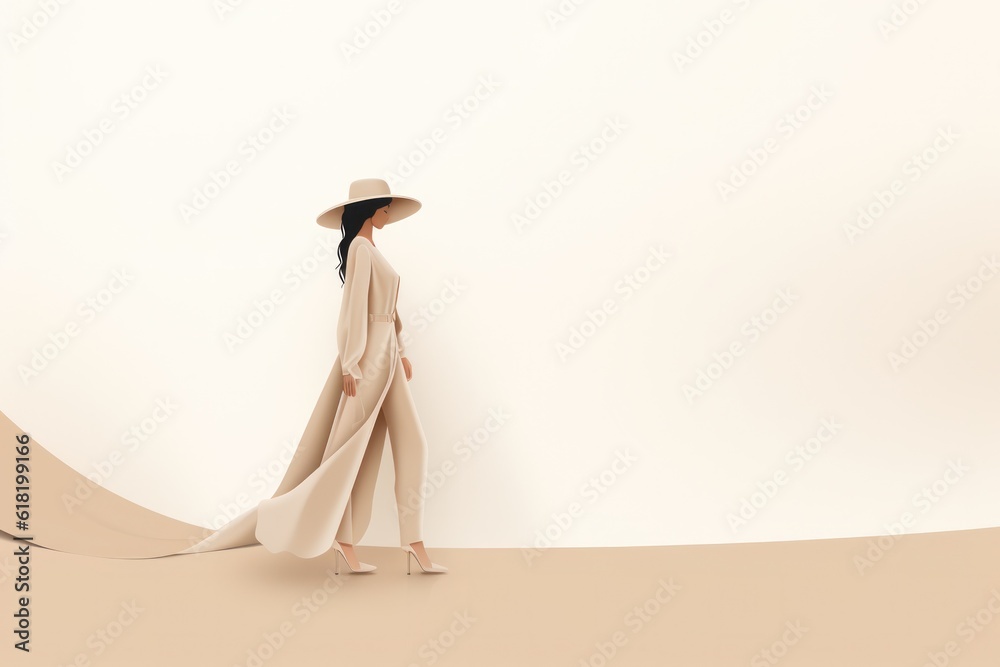 Fashion beige minimalist background with model girl. Illustration AI Generative.