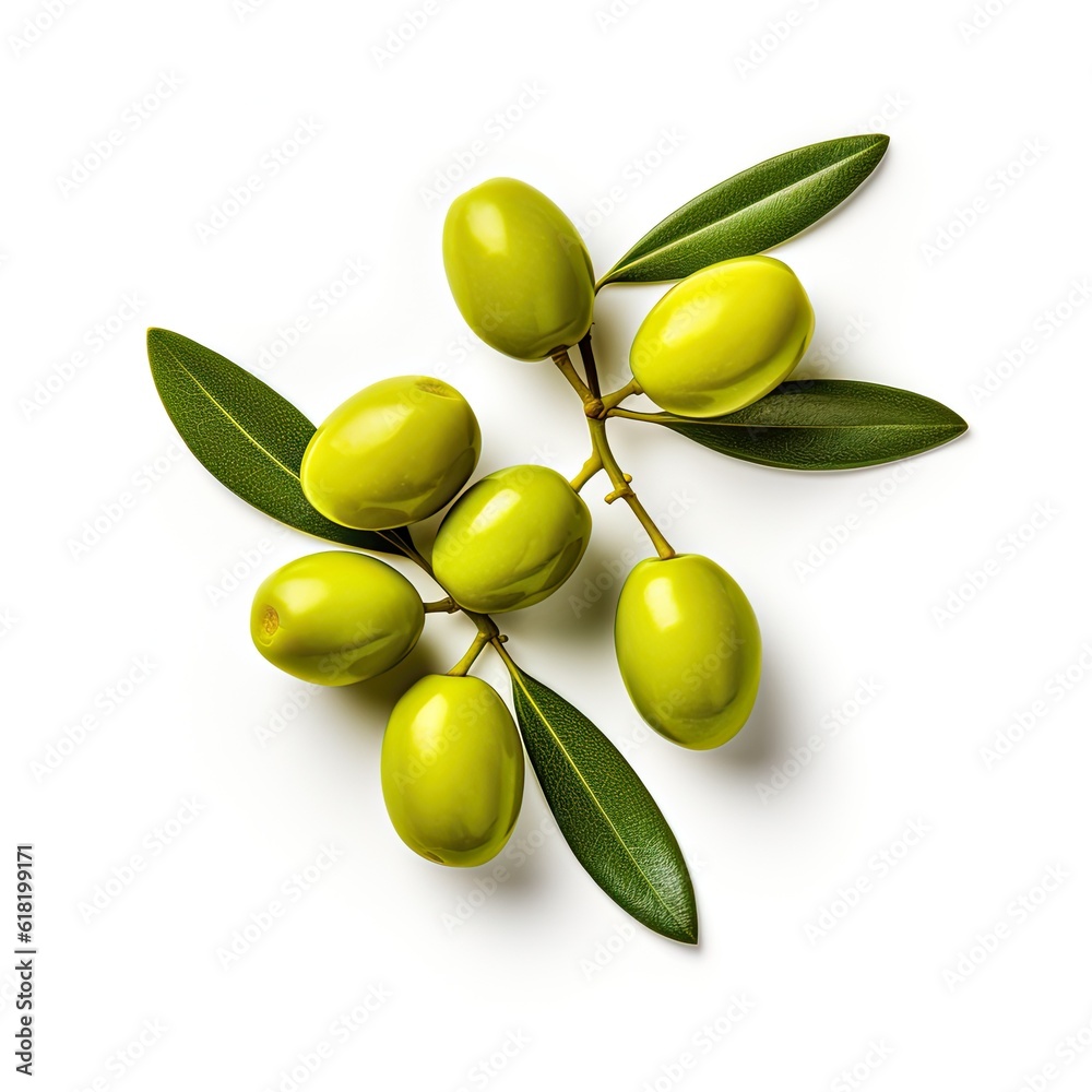 Olive twig with several green olives on it. Illustration AI Generative.