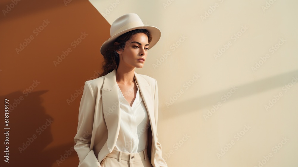 Fashion beige minimalist background with model girl. Illustration AI Generative.