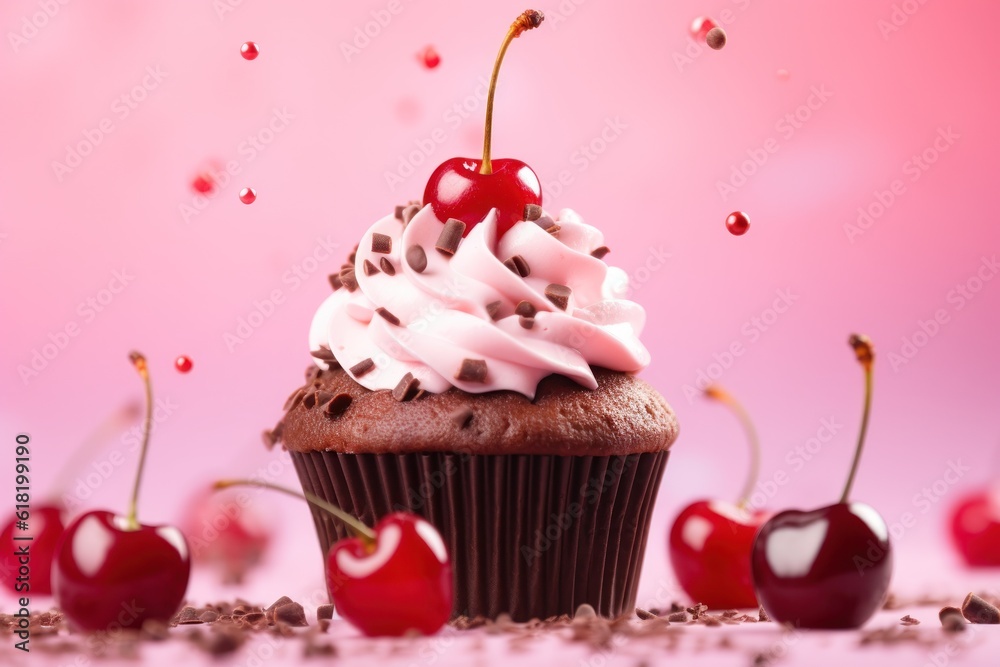 Cherry on chocolate cupcake with confetti on pink background Illustration AI Generative.