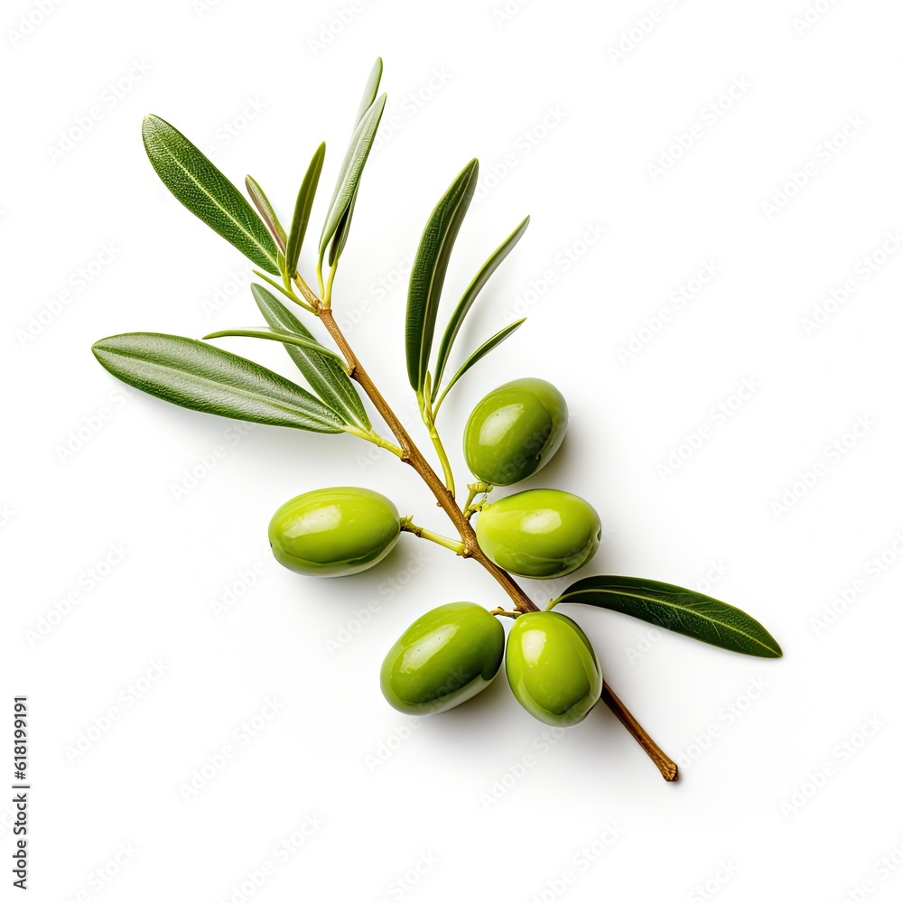 Olive twig with several green olives on it. Illustration AI Generative.