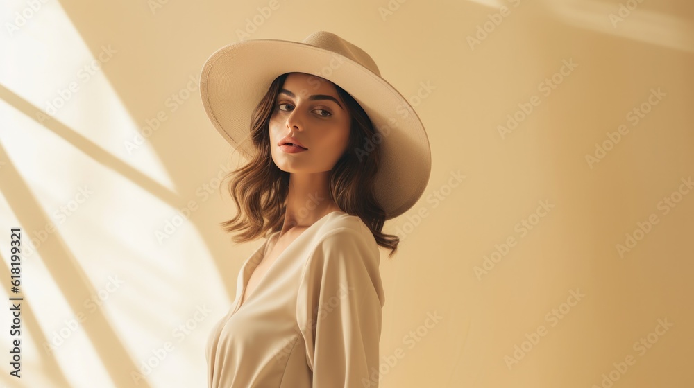 Fashion beige minimalist background with model girl. Illustration AI Generative.