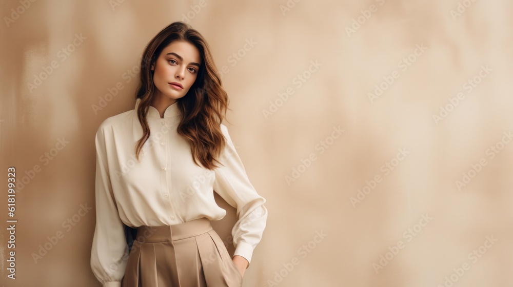 Fashion beige minimalist background with model girl. Illustration AI Generative.