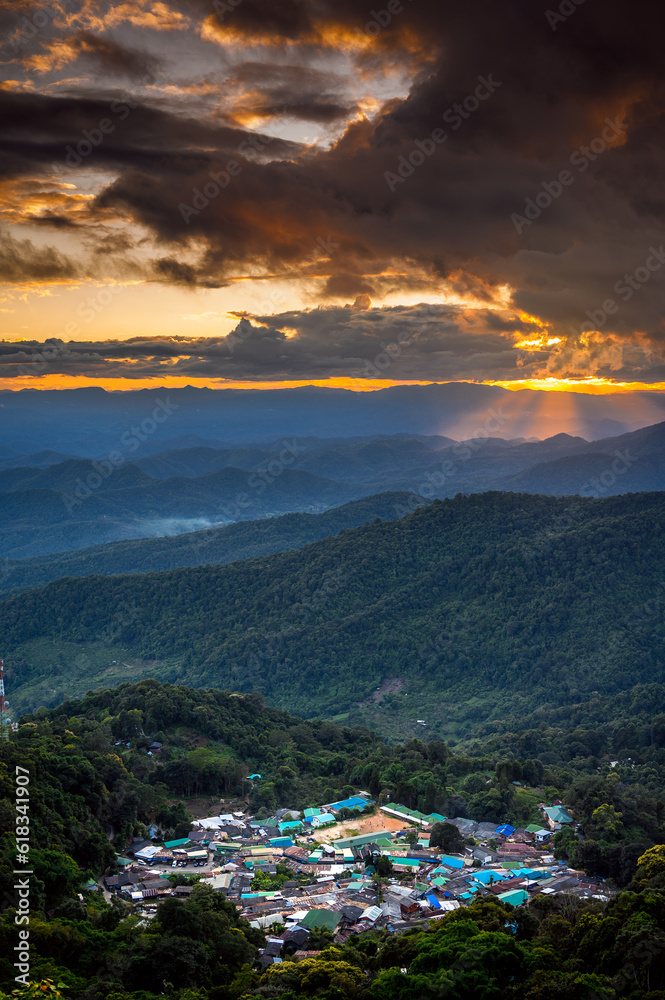 landscape top view of  mountain village on Doi Pui Mountains in sunset sky and clouds, Chiangmai, Th