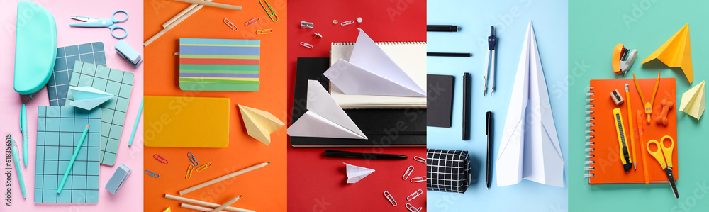 Set of school supplies and paper planes on color background