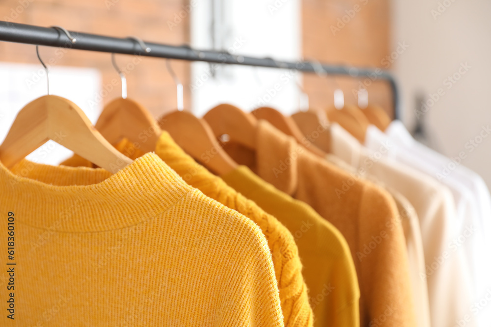 Rack with stylish female sweaters in modern boutique, closeup