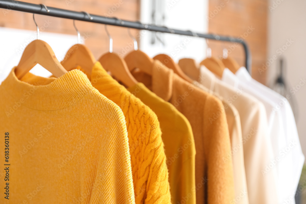 Rack with stylish female sweaters in modern boutique, closeup