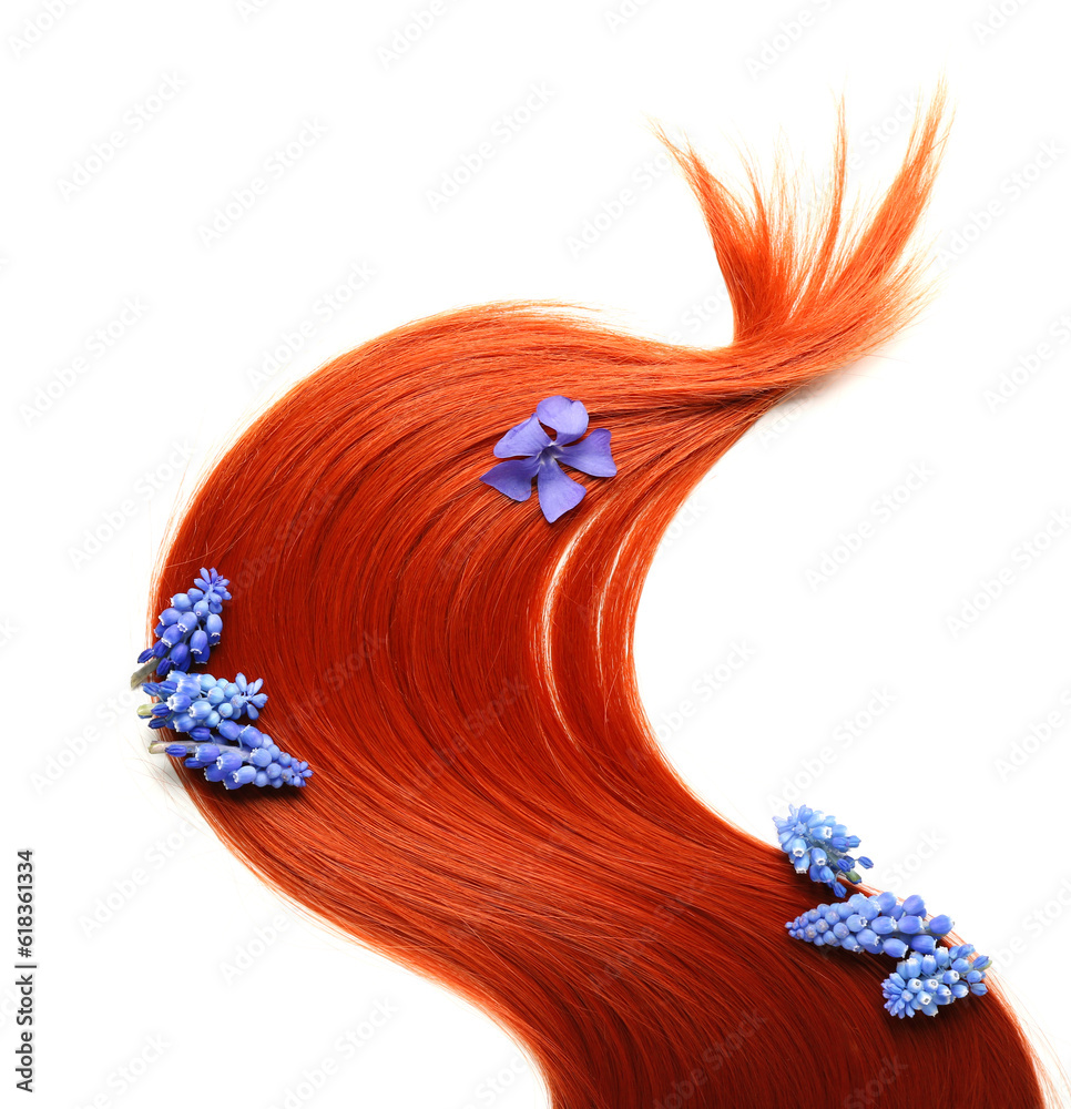 Ginger hair strand with spring flowers on white background