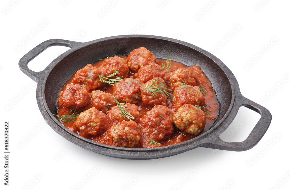 Frying pan of tasty meat balls with tomato sauce and dill on white background