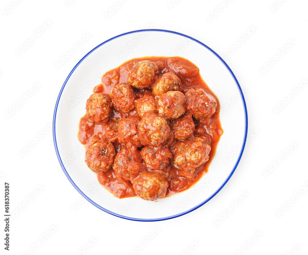 Bowl of tasty meat balls with tomato sauce on white background